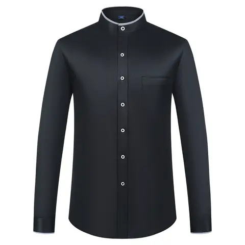 Męskie koszule wizytowe z kołnierzykiem, kieszenią, długim rękawem i kołnierzykiem mandaryńskim, uniwersalne koszule jednolite na zajęcia biznesowe.