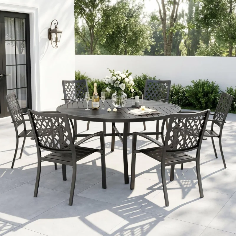 

-Piece Round Patio Dining Set 6, 54 Black Metal Table & Chairs, Outdoor Furniture, Design
