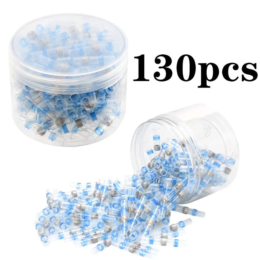 

130PCS Heat Shrinkable Wire Connectors Butt Terminals Waterproof Solder Sleeves Seal Electrical AWG16-14 Blue Splice Tinned