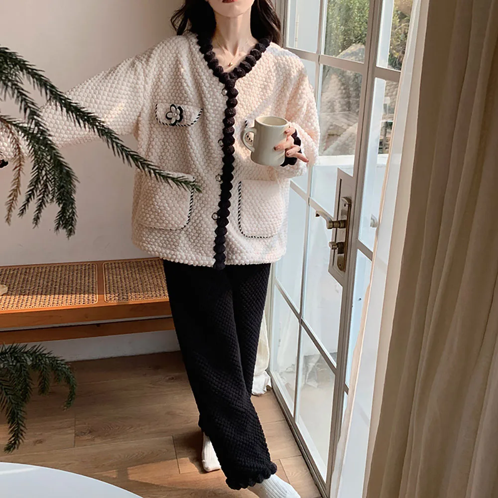 2023 Winter New Coral Velvet Women Sleepwear Contrast Color Thick Cardigan Long Sleeve Floral Pajama With Solid Warm Pants 2Pcs