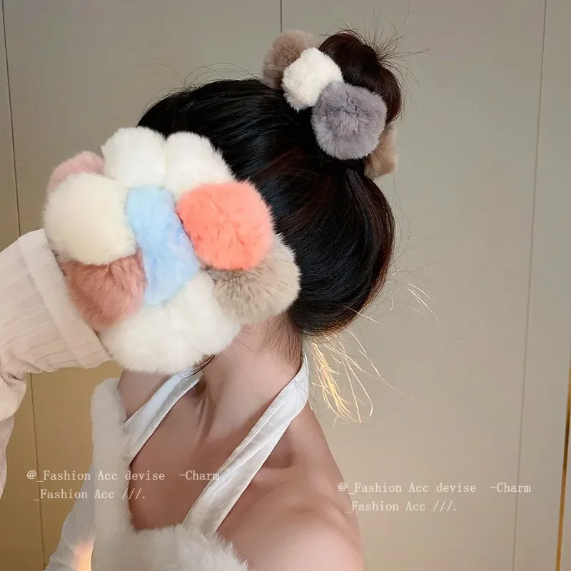 Large Size Otter Rabbit Fur Ball Sausage Circle Korean Version Color Blocking Plush Cute Leather Band Ball Head Headband Hair