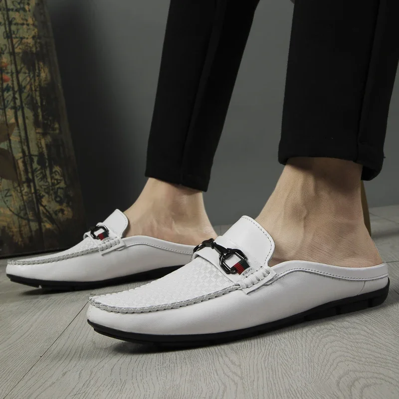 2024 New Summer Soft Sole Men\'s Slippers Genuine Leather Half Slippers for Men Casual Shoes Breathable Shoes Lightweight Sandals