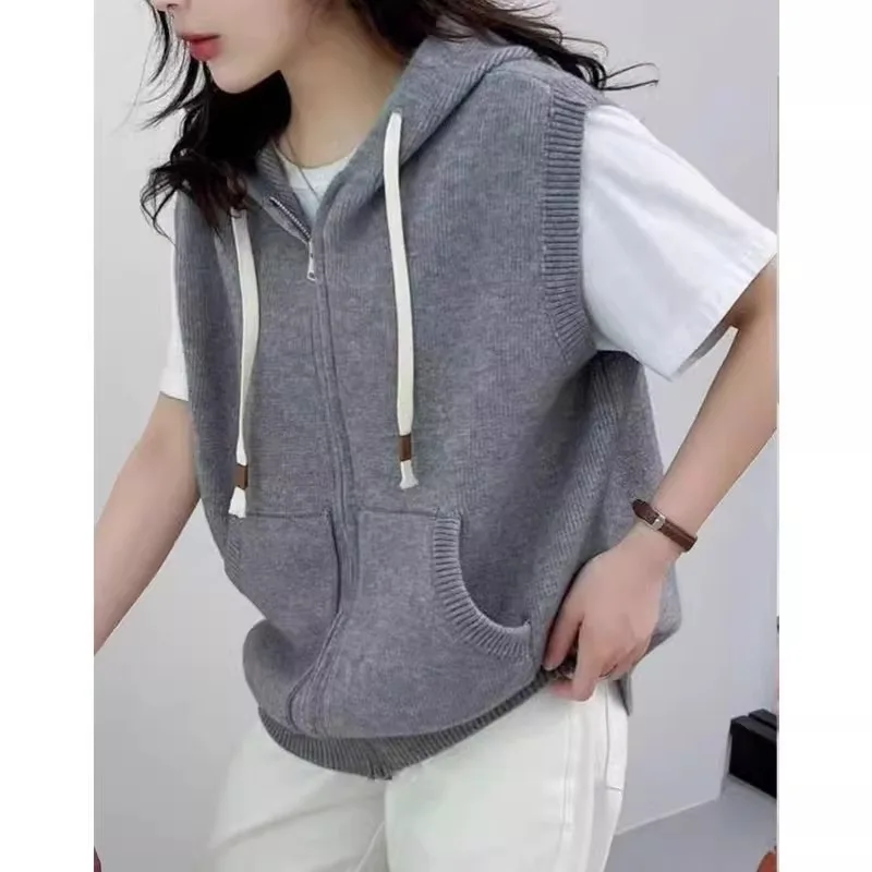 

Sleeveless Sweater Women Vest Jacket Spring New Loose Versatile Knitted Sweater Cardigan Jacket Zipper Hooded Female Waistcoat