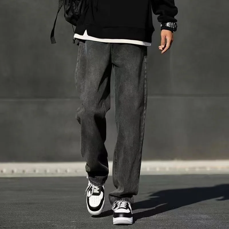 

Korean Fashion Men's Baggy Jeans Elastic Waist Classic olid Color Straight-leg Denim Wide-leg Pants Male Light Blue Grey Black
