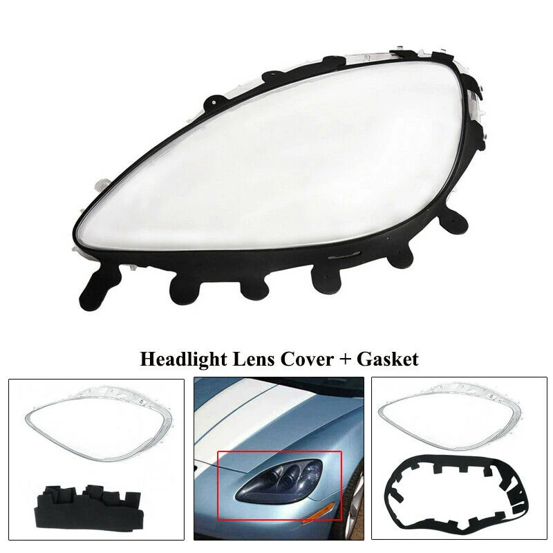 Car Left Headlight Lenses Replacement Covers + Gaskets Clear for Chevrolet Corvette C6 2005-2013