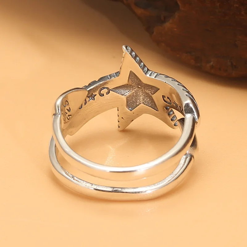 925 sterling silver retro five-pointed star open ring for men and women retro fashion niche design star ring for women