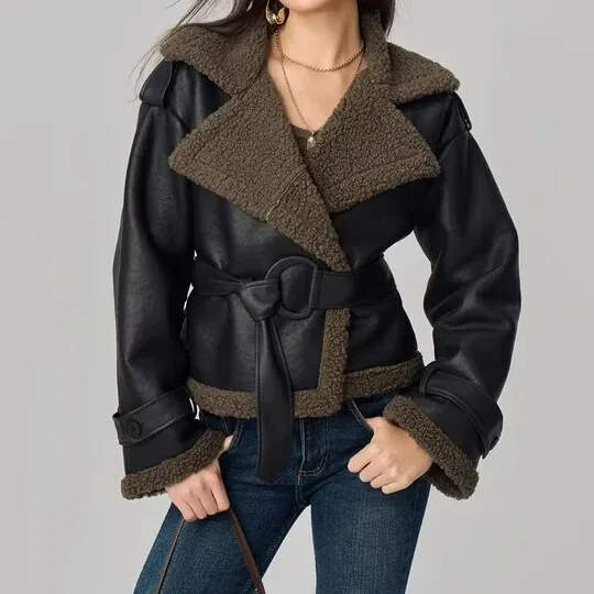 

Женская меховая интегрированная куртка, новое осенне-зимнее модное пальто с длинными рукавами и поясом, женская элегантная уличная верхняя одежда