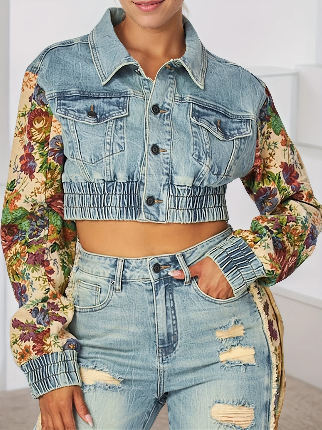 

Women's fashion trend denim two-piece set: thick embroidered color block patchwork denim jacket+ripped tight jeans