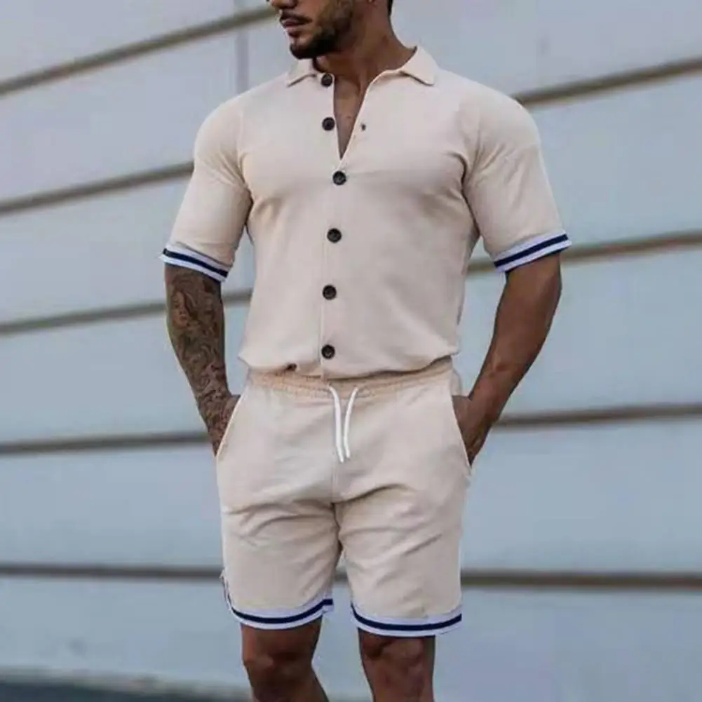 

2 Pcs/Set Men Tops Shorts Suit Contrast Colors Stripe Print Short Sleeves Turn-down Collar Summer Tracksuit Male Clothes