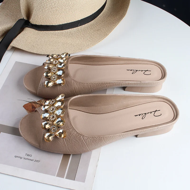 Sandals and Slippers Women's Summer Outer Wear Thick-soled Slippers Women's Rhinestone Hand-beaded Fashion Ladies Slippers