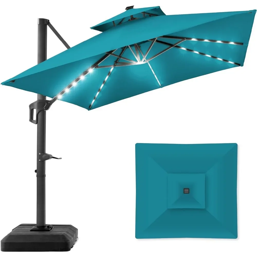 

10x10ft Double-layer Square Umbrella with Solar LED Lights, Backyard Offset Suspension Outdoor Sunshade, 360 Degree Rotation