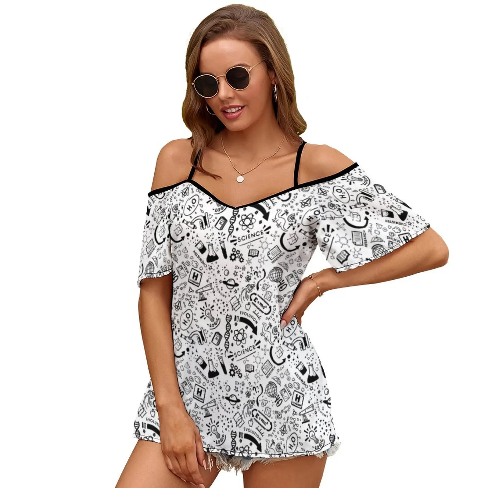 Science All Over! Women Short Sleeve Tops O-Neck Hollow Out Shoulder Strap Tees Streetwear Science Evolution Doodle Doodles