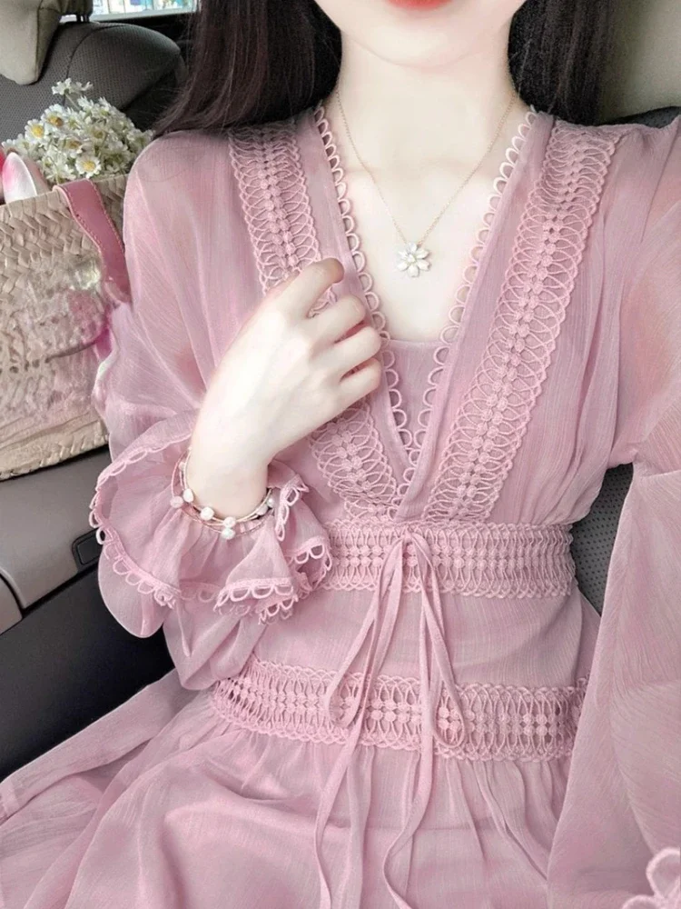 Pink V Neck Women Dresses Lantern Sleeve Spring Autumn Elegant Vestidos Mujer A-line Solid Sweet Retro Long Dress