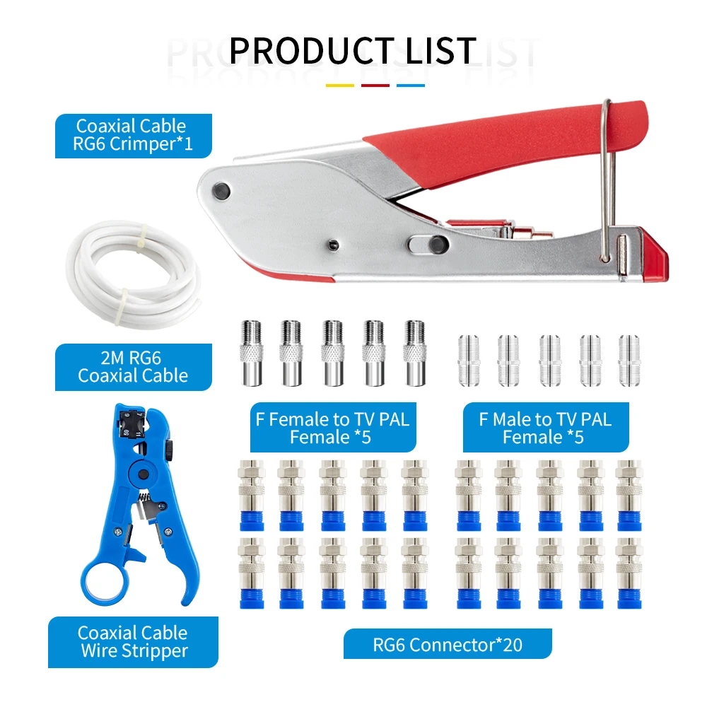คีมย้ำสายโคแอกเชียล คีมอเนกประสงค์ เครื่องมือบีบสายเคเบิล ตัดสายไฟ พร้อมหัวต่อ F แบบ RG6 จำนวน 20 ชิ้น