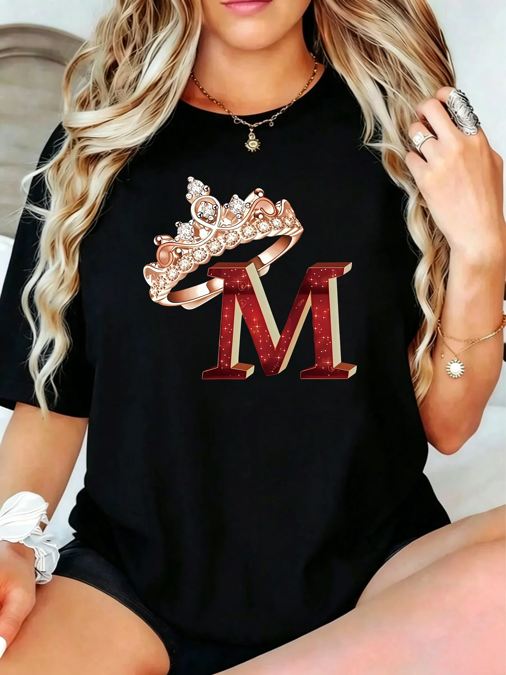 1Pcs Plus Size Women T-Shirt, Crown and Letter m Print Shirt, Loose Type Shirt for Women
