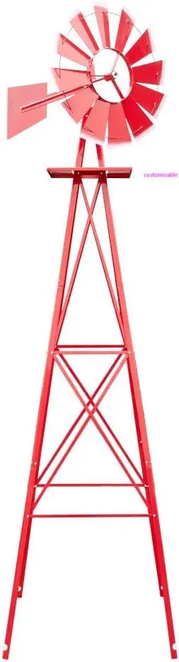 Molino de viento de metal de 8 pies, girador ornamental, decoración de jardín y patio trasero, molino de viento resistente con diseño de 4 patas, rojo
