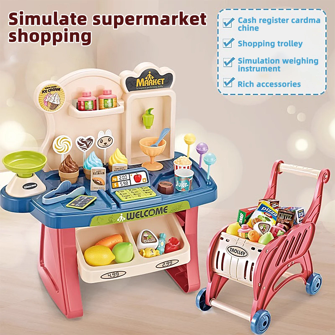 Children's mini Supermarket Checkout Counter Shopping Cart Toys Store Gifts Card-Based Checkout Machine Supermarket Counter