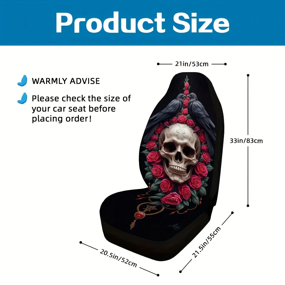 2pcs Gothic Dark Raven & Rose Skull Car Seat Covers - All-Season Fit, Easy Install, Durable Polyester, Non-Slip Backing, Machine