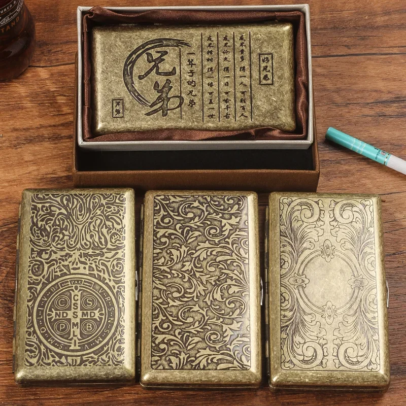 

Vintage Brass Cigarette Case with Gift Box Container Metal 20 Cigarettes Case Tobacco Holder Pocket Box Storage