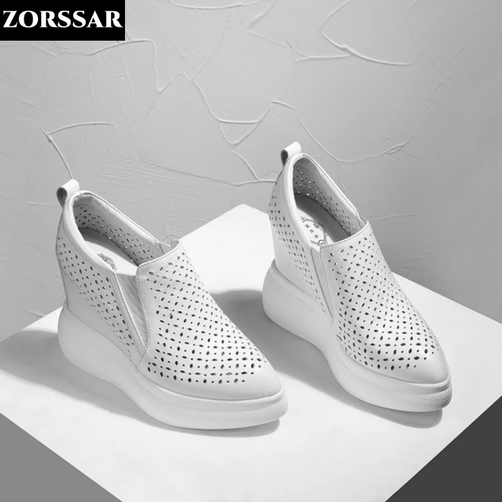 High Heels Hollow Out Shoes Casual Black White Women Sneakers Leisure Platform Shoes Slip-On Breathable Height Increasing Shoes