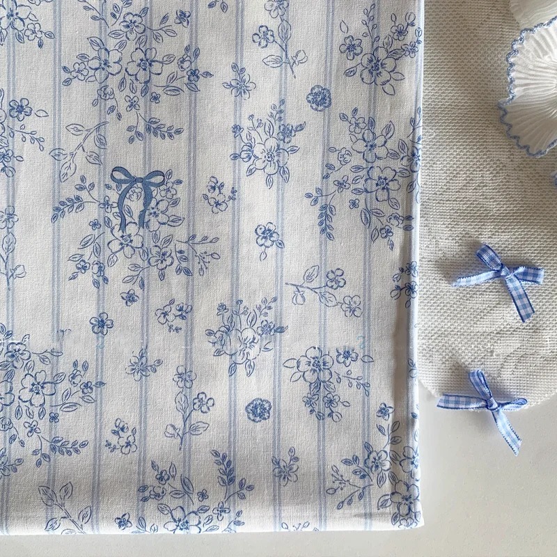 

Cotton Fabric Blue Floral Bow Pajama Dress Shirts Bed Sheets Bag DIY Fabric