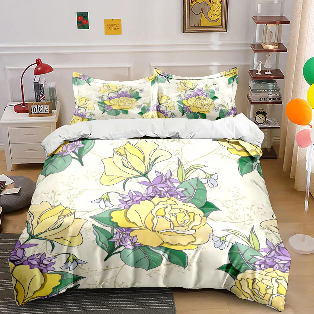 

Elegant Hand-Drawn Yellow Floral Pattern Bedding Set 1 Duvet Cover 2 Pillowcases for Adult and Children Luxury Gift Full Size