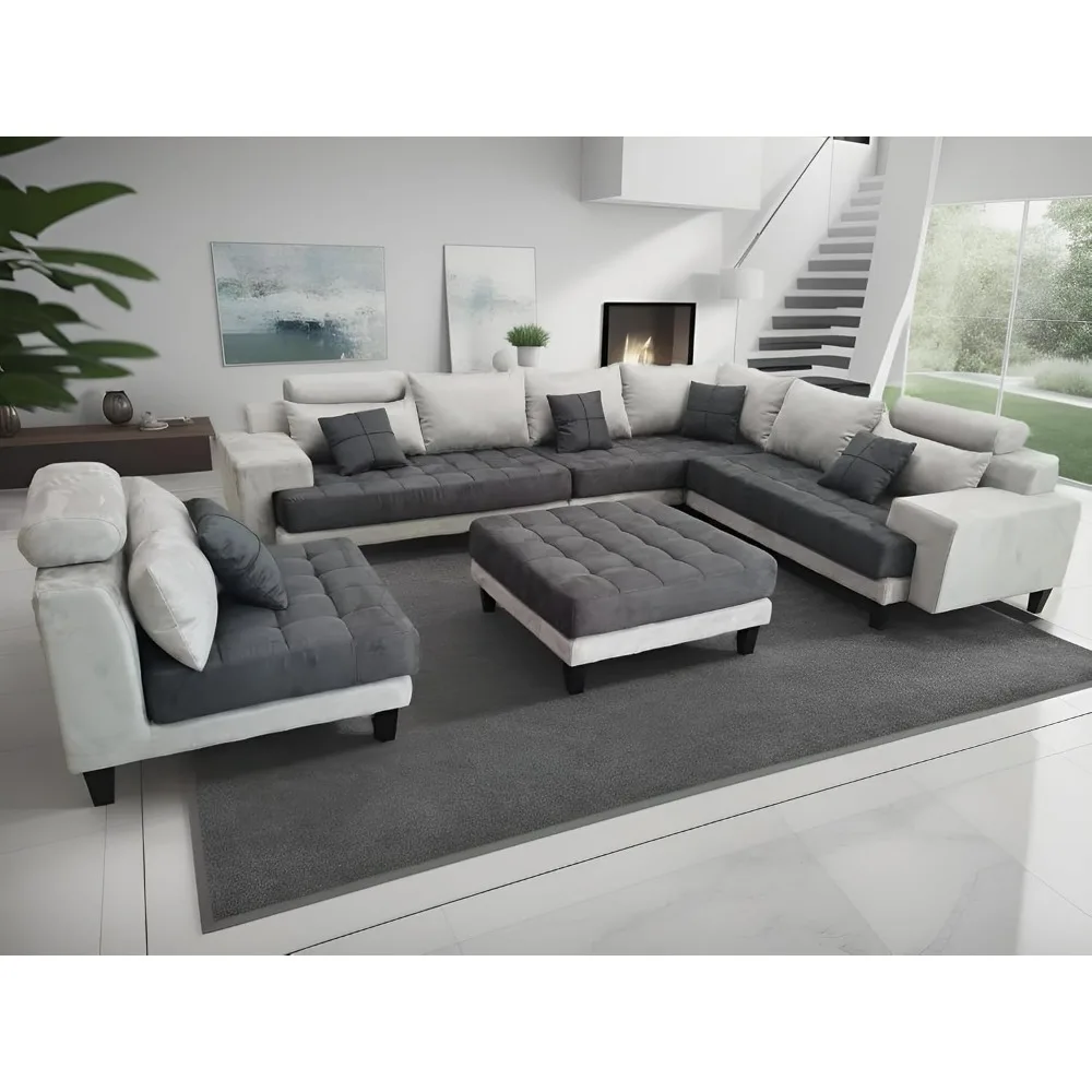 Sofa Set, L Shape U Shape Reversible Modern Microfiber Fabric Sectional Couch Sofa Set with Removable Covers, Living Room Sofas