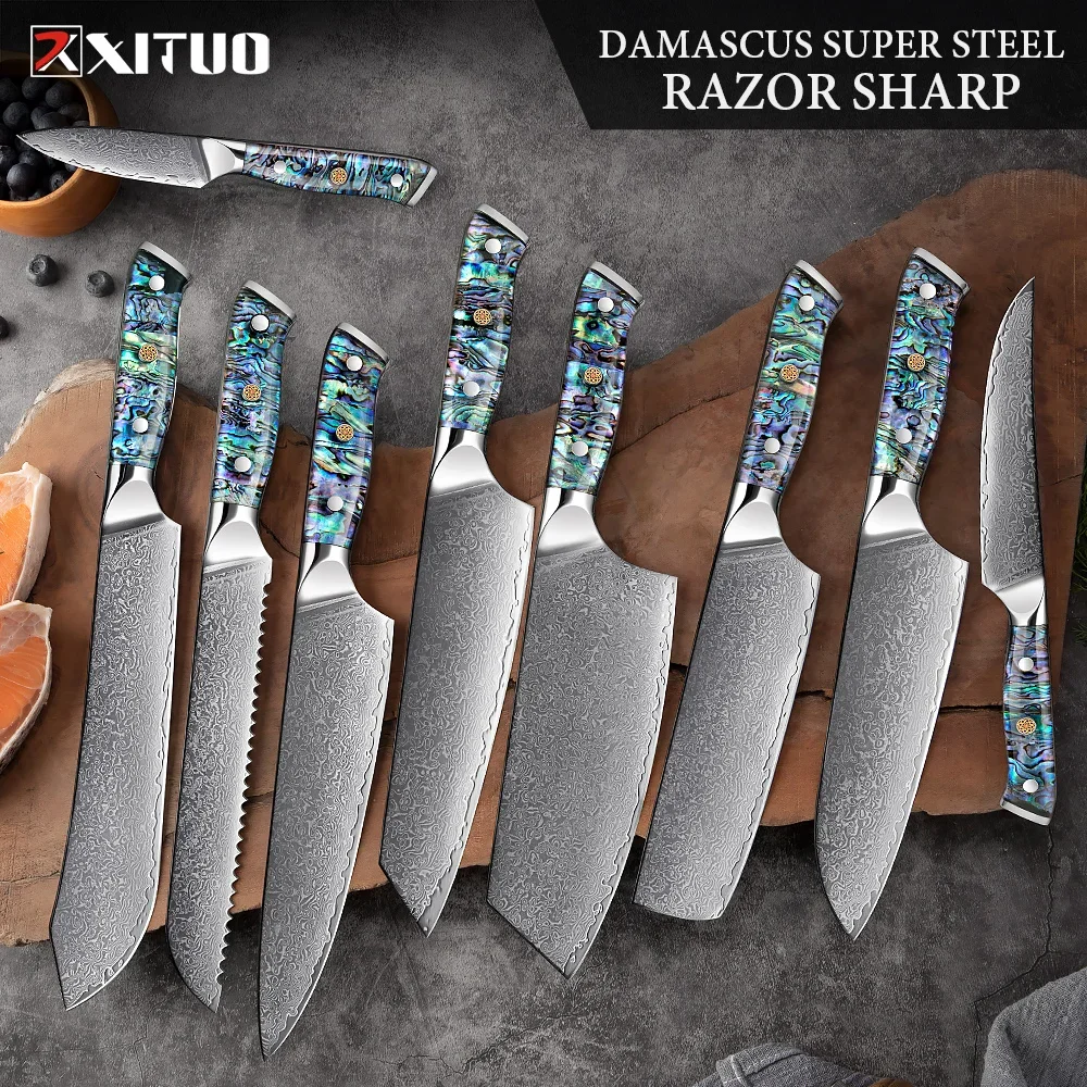 XITUO Damascus Kitchen Knives Set 1-9PCS Sharp Chef Knife Santoku Bread Boning Knife Abalone Shell Handle Kitchen Cooking Tools