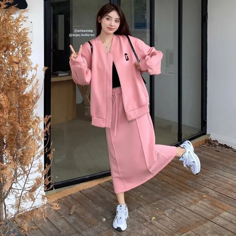 Casual Plus Size Women Baseball Jacket Set Loose High Waist Split Straight Midi Skirt Two Piece Outfit Spring Autumn Daily Wear