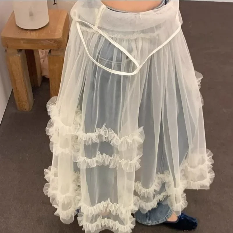 Vintage Y2k Through Mesh Skirt Streetwear Style Casual Women Retro Beach Party Versatile Layering Summer Fashion 2025 New