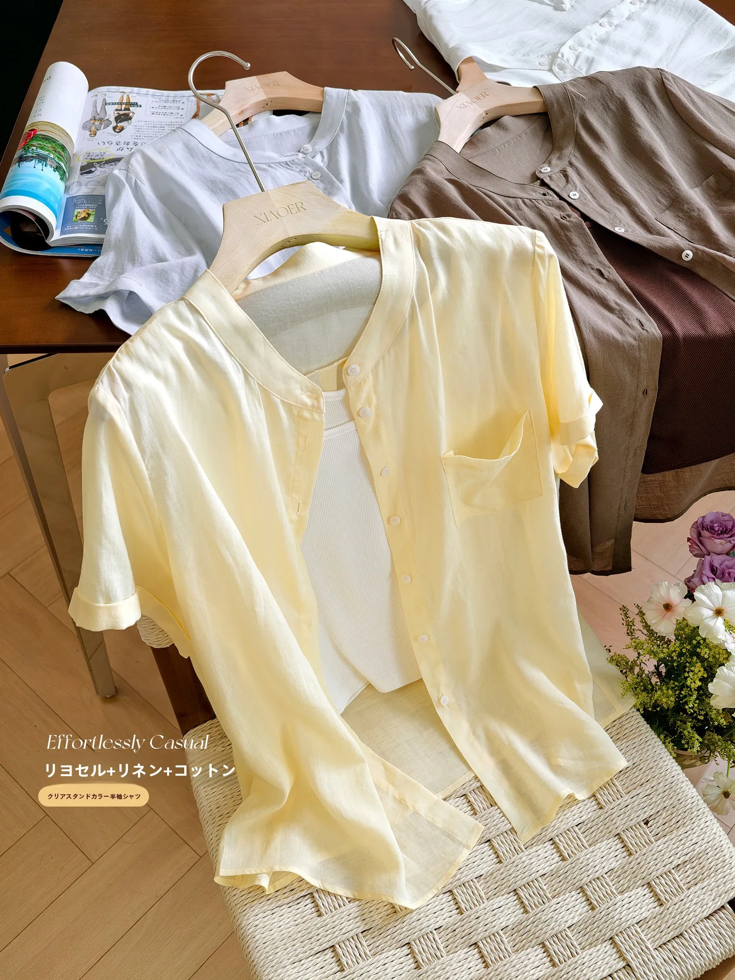 

Cool Lightweight Short Sleeve Shirt Stand Collar Linen Cotton Blend Comfortable Women's Fashion Simple Style Spring Collection