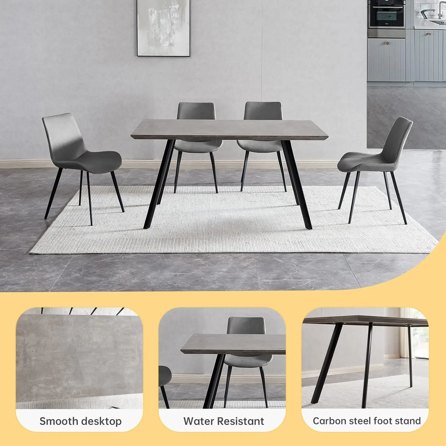 Modern 5-Piece Dining Table Set Rectangular Wood Table with 4 Upholstered Leather Chairs, Seats 4