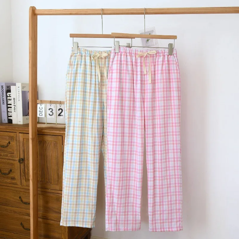 Women's Lightweight 100% Cotton Double Gauze Plaid Pajama Pants, Super Soft Breathable Sleep Loungewear Elastic Drawstring Waist