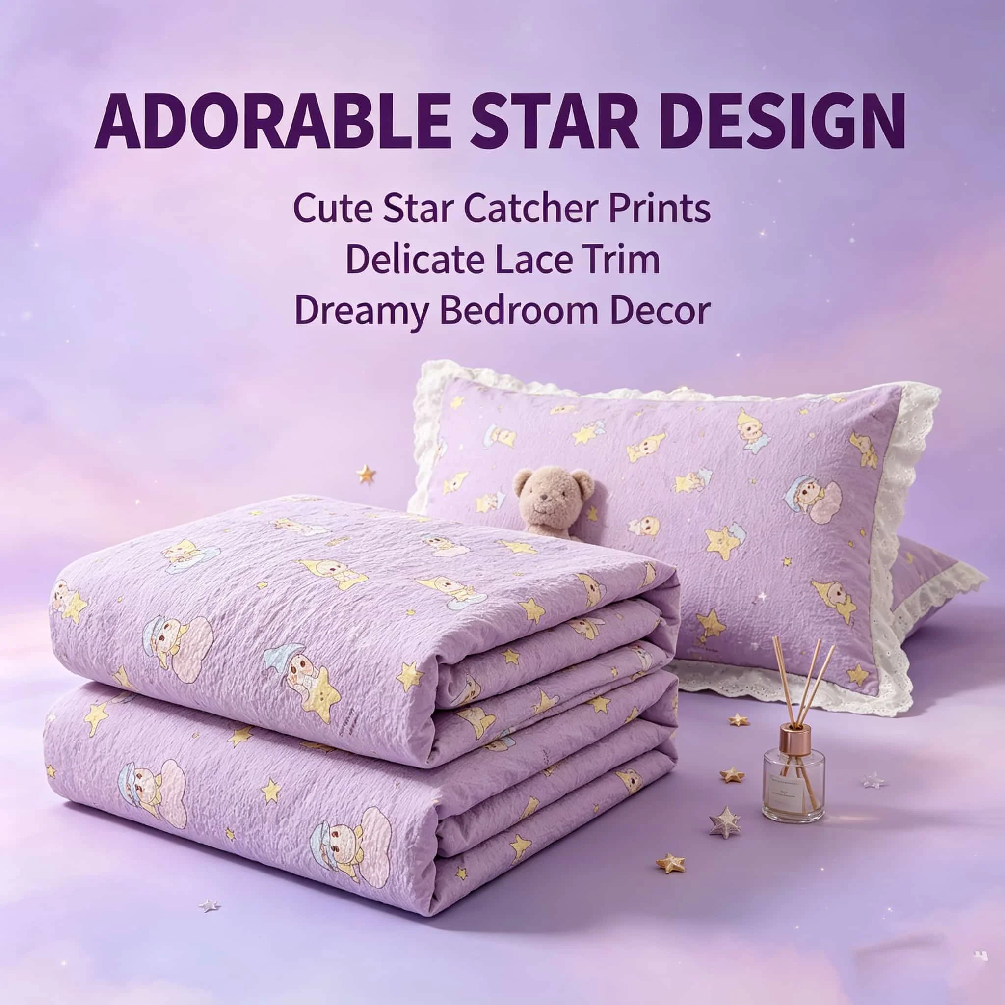Cute Cartoon / Floral Print Bedding Set, Purple Lace Edge Duvet Cover, Bedding Sets and Components, Cozy Comforter Sets