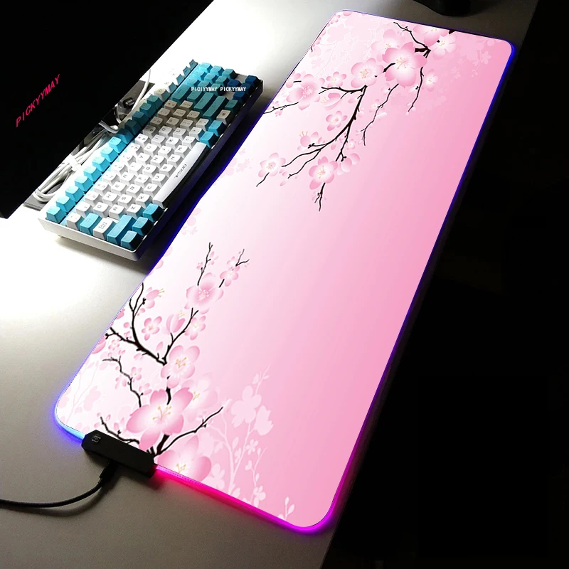 Sakura RGB Gaming Mouse Pad Cherry Large Home Mousepad Gamer Office Natural Rubber XXL Mouse Mat LED Light Gaming Mouse Pad