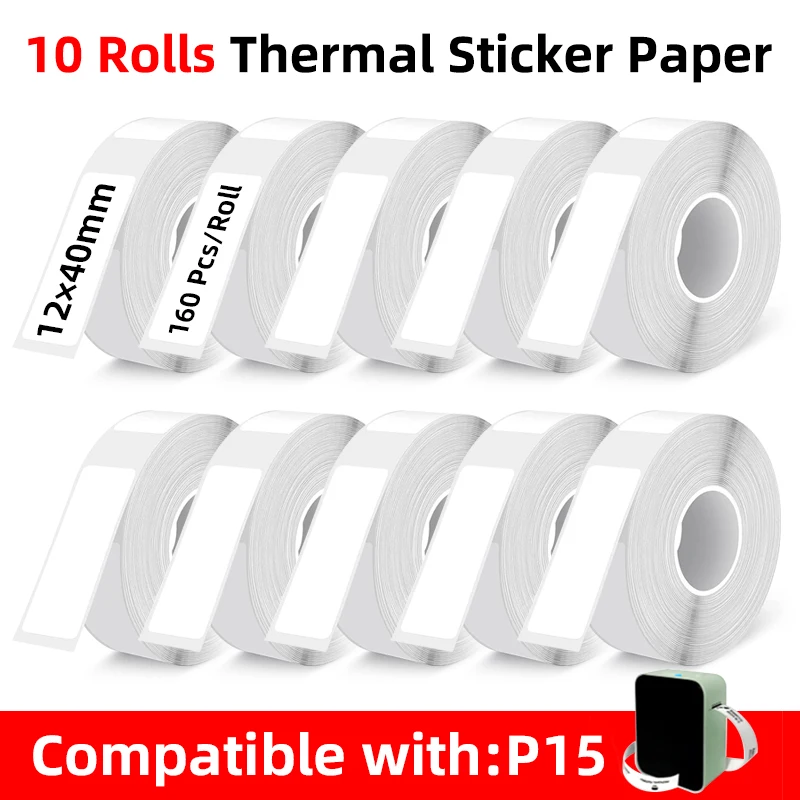 10 Rolls, 12×40mm Size, White Blank Thermal Self-Adhesive Label Paper, Multi-Purpose for Barcodes, Factories, Daily Office Use, Suitable for D11/D110/D101 Label Printers