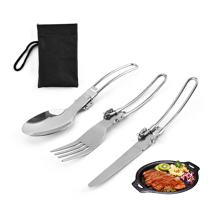 Stainless Steel Knife Fork Spoon Outdoor Tableware Camping 3 Piece Folding Cutlery Set Hiking Picnic Camping Accessories