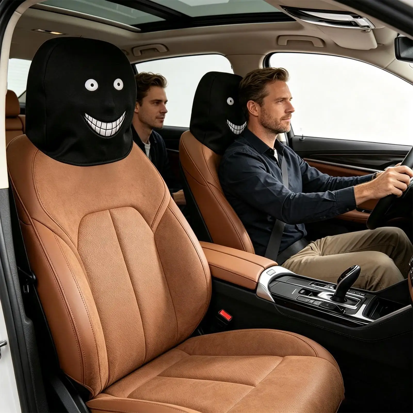 2pcs Smiley Face Printed Car Pillowcase Soft Comfortable Decorative Cushion Cover Auto Seat Headrest Washable Polyester Fabric