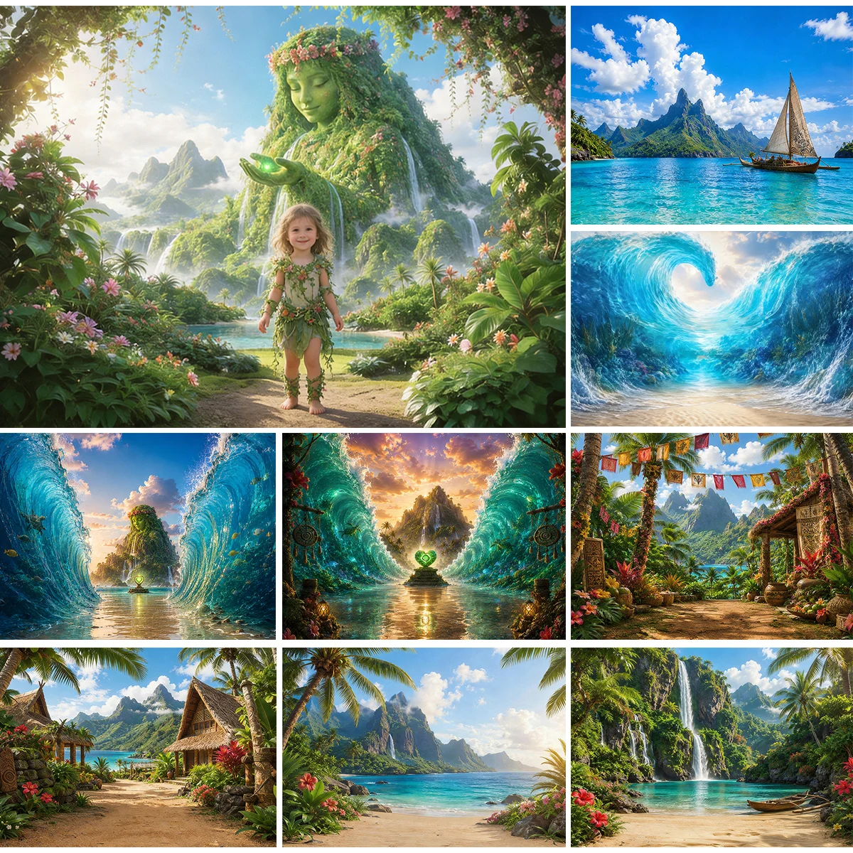 Tropical Polynesian Te Fiti Green Mountain Sandy Beach Hawaii Summer Kids Photography Backdrop Luau Party Decor