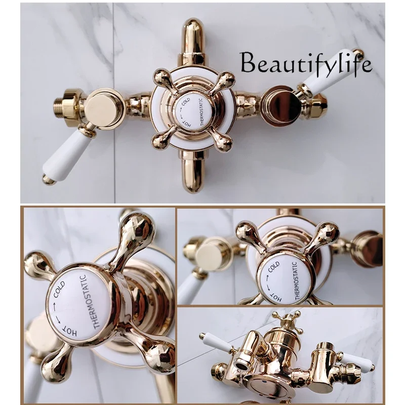 

BJ New European Pure British Retro Wall Type Thermostatic Bathtub Shower Faucet Double Shower Copper Body