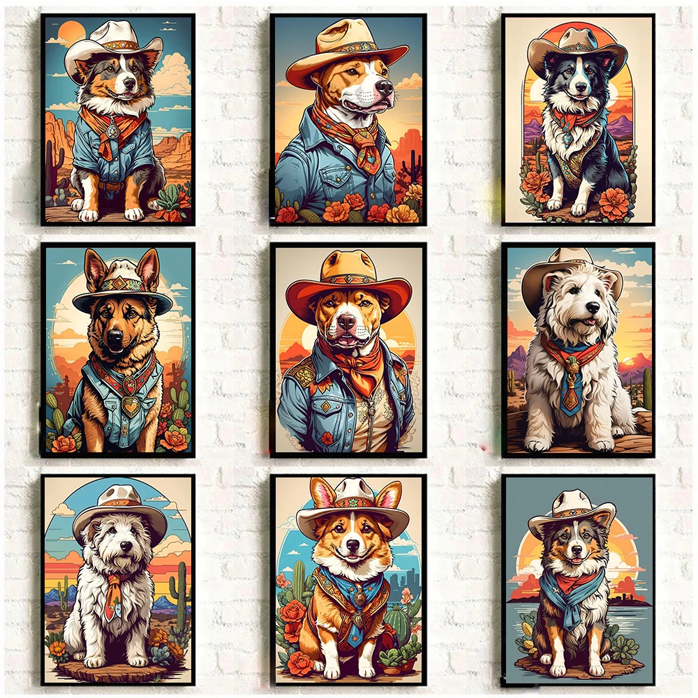 Wild Western Cowboy Dogs Cartoon Posters Desert Cactus Wall Art Pictures Koki Bully Dog Shepherd Dog Canvas Painting Home Decor