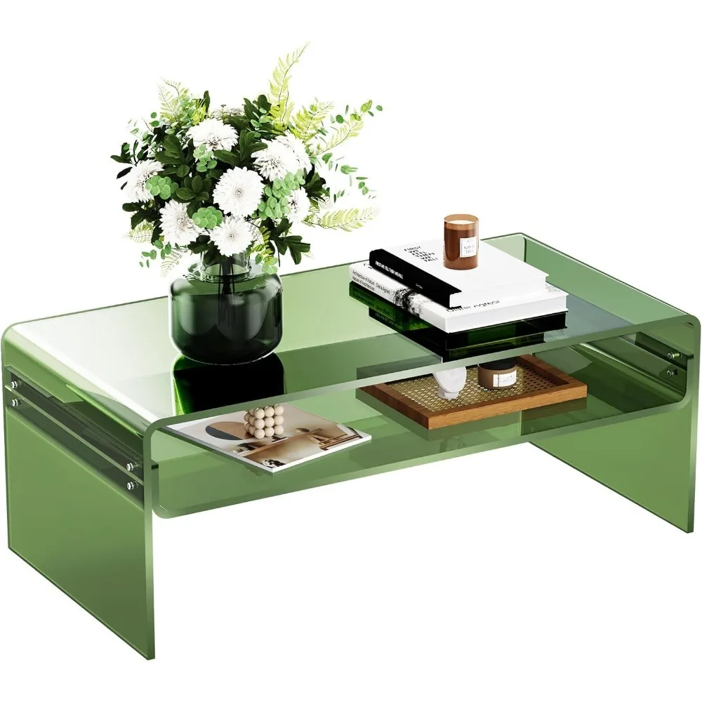 Mesa de centro acrílica para sala de estar Mesa retangular transparente Lucite com prateleira de armazenamento aberta (1, verde, grande)