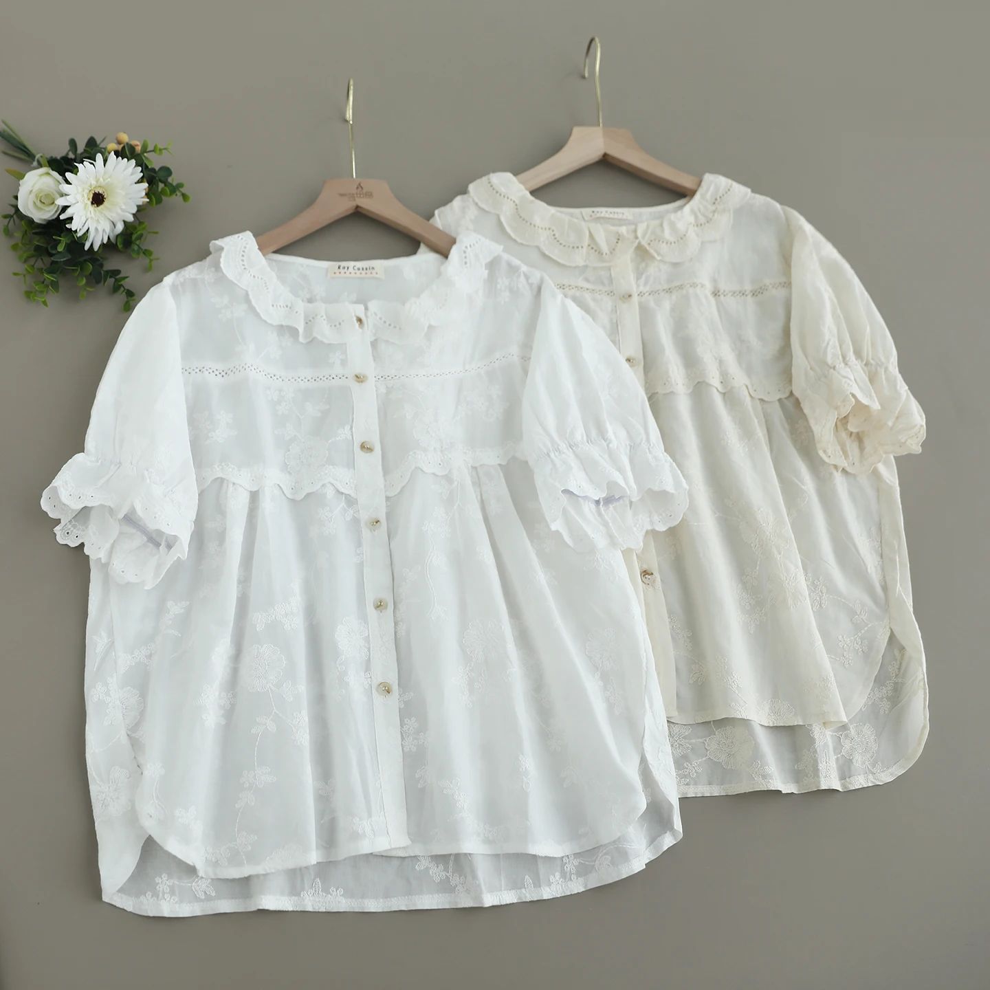 

Japanese Sweet Mori Girl Solid Color Embroidery Cotton Shirts Women Summer Ruffled O-Neck Short Sleeve Casual Loose Blouse Tops