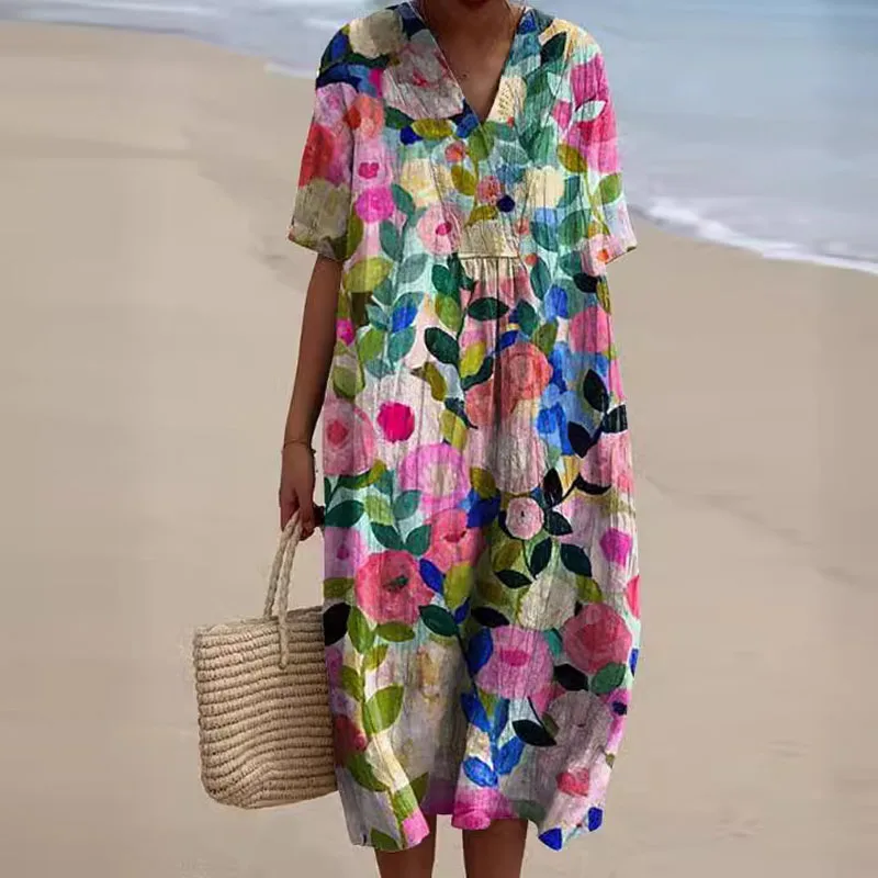 

Retro Floral Print Loose V-neck Women Dress Spring Casual Straight A-Line Party Dress Summer Short Sleeve Female Pullovers Dress