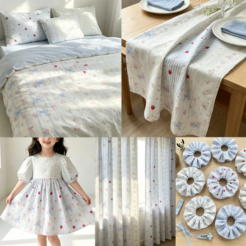 0.5m Pure Cotton Floral Stripe Fabric Cherry Bowknot Print Cloth For Doll Clothes Pillow Tablecloth DIY Handmade Sewing Material view 2