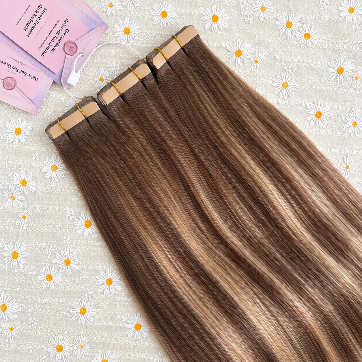 T427/P4 Natural Highlight Ombre Tape in Hair Extensions Human Hair Seamless Invisible Straight Hair 21Pcs/Pack Brazilian Skin Weft Tape PU Pure Hair 16-24 Inch Colored 100% Human Hair For Women