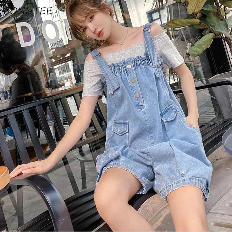 

Denim Rompers Women College Young Pockets Summer Simple All-match Casual New Design Korean Fashion Ins Solid Macacão Feminino