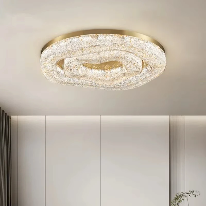 Luz nórdica de lujo para sala de estar, luz de techo de cristal, brillo dorado, redondo, cobre, comedor, decoración del hogar, accesorio de iluminación LED