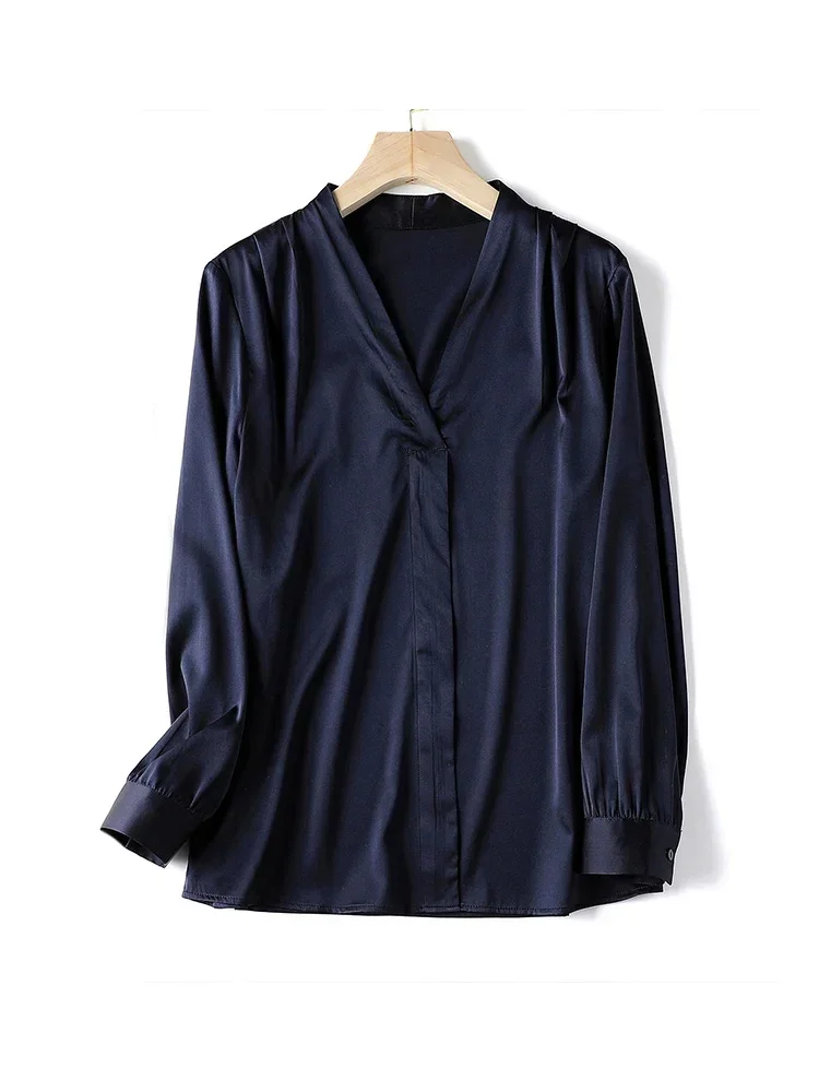 Woman OL Blouses 92%Silk 8%Spandex V neck Solid Chic Shirts 2022 Spring Summer Office Lady Clothes Navy