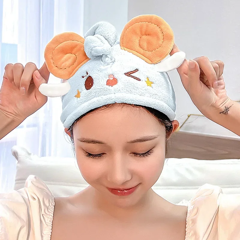 Cartoon Coral Velvet Shepherd Star Dry Hair Cap Wash Makeup Removal Embroidery Triangle Shower Cap Absorbing Dry Hair Towel